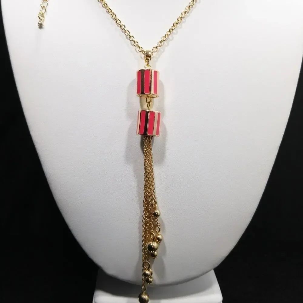Talbots Gold Tassel Long Necklace, Red Enamel Beads, New With Tags